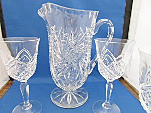 Cut Glass Crystal Pitcher And Two Matching Glasses