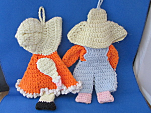 Bonnet Girl And Hat Boy Crocheted Post Holders