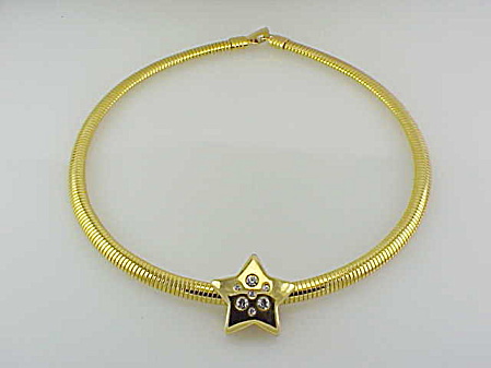 Gold Tone Omega Choker Necklace With Rhinestone Star Slide