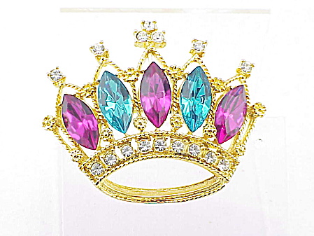 Hot Pink, Teal Blue And Clear Rhinestone Crown Brooch