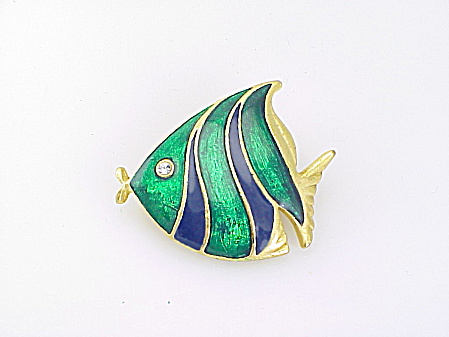Blue And Green Enamel Fish Brooch With Rhinestone Eye