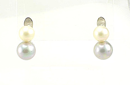 Grey And White Pearl In Silver Tone Setting Pierced Earrings