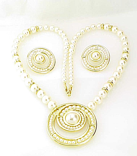 Napier Pat Pend Gold Tone Pearl Necklace And Pierced Earrings Set