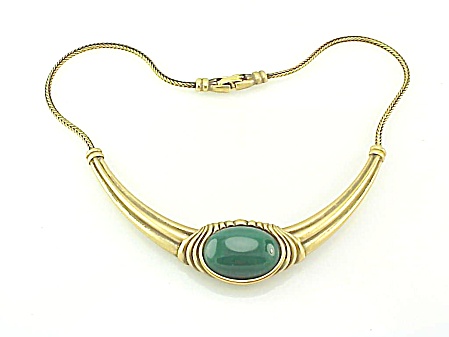 Monet Antiqued Gold Tone Necklace With Dark Green Lucite Stone