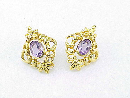 Art Nouveau Style Amethyst Glass Rhinestone Pierced Earrings