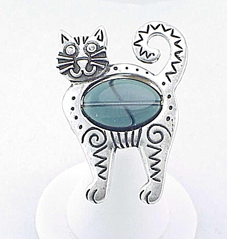 Modern Silver Tone Blue Jelly Belly Cat Brooch Signed 27 Mm