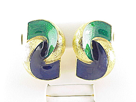 David Hill Large Blue And Green Enamel Clip Earrings