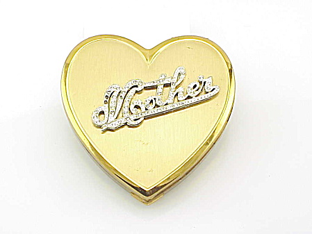 Vintage Superb Heart Powder Compact With Mother Written In Rhinestones