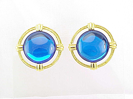 Trifari Large Blue Cabochon Gold Tone Clip Earrings