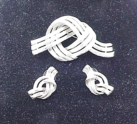 Brushed Silver Tone Love Knot Brooch And Pierced Earrings Set