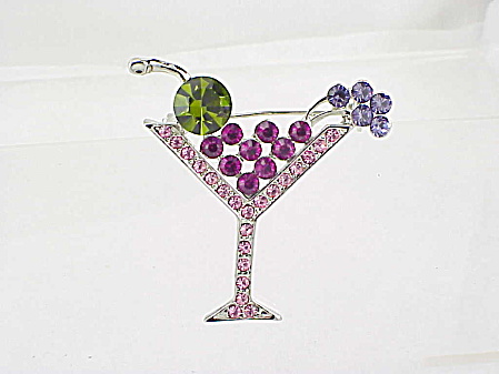 Rhinestone Cocktail Drink With Fruit Brooch Or Pin