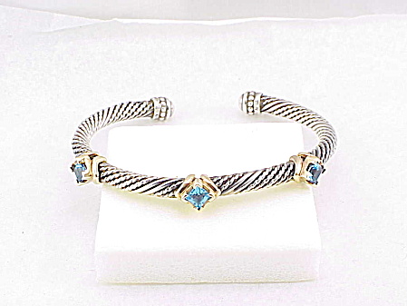 Blue Topaz 14k Gold And Sterling Silver Cable Flex Bracelet