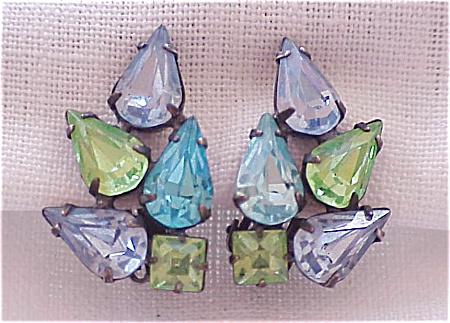 Vintage Blue And Green Rhinestone Clip Earrings