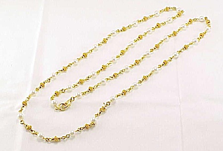 Long Matte Gold Tone Bead And Pearl Necklace