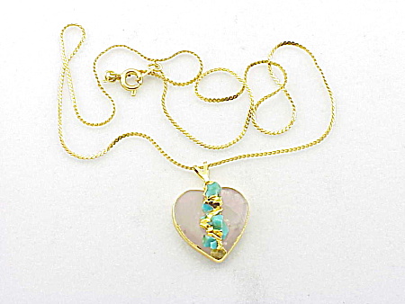 Rose Quartz And Turquoise Nugget Heart Pendant Necklace