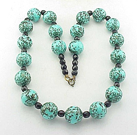 Vintage Turquoise Lucite Bead And Black Glass Bead Necklace