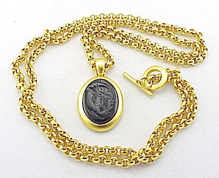 Long Matte Gold Tone Black Glass Intaglio Cameo Necklace