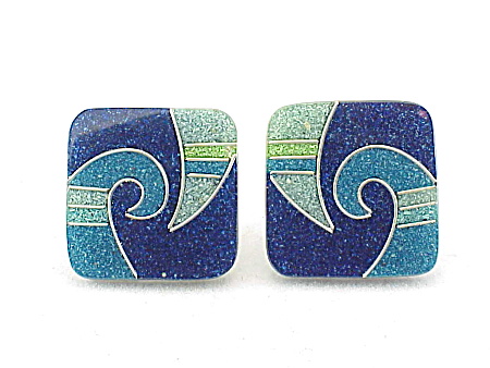 Unique Inlaid Turquoise, Lapis And Jade Enamel Clip Earrings