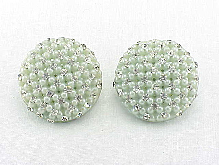 Vintage Pale Green Lucite And Rhinestone Clip Earrings