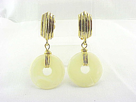 Vintage Dangling Marbled Ivory Lucite Gold Tone Clip Earrings