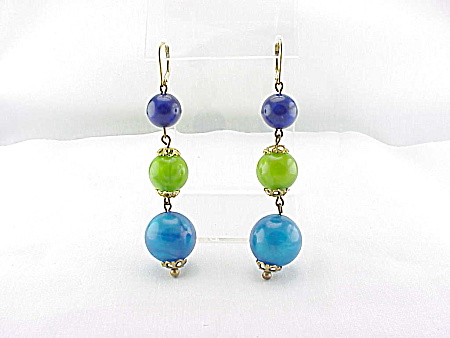 14k Gf Dangling Blue And Green Pearl Lucite Ball Pierced Earrings