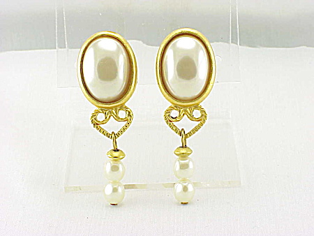 Matte Gold Tone Mabe' And Dangling Pearl Clip Earrings