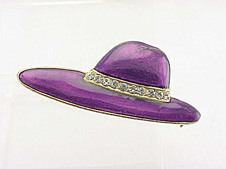 Purple Enamel And Rhinestone Ladies Hat Brooch Or Pin