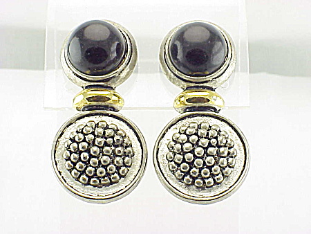 Silver And Gold Tone Clip Earrings With Black Stone