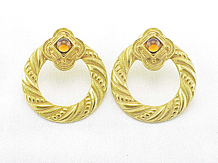 Etruscan Style Gold Tone And Amber Glass Pierced Earrings