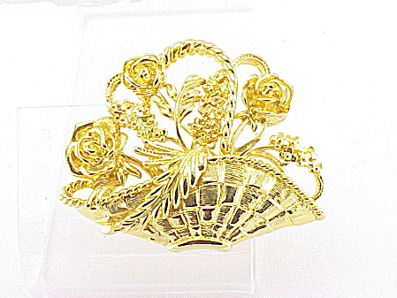 Gold Tone Basket Of Flowers Brooch Or Pin
