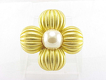 Brushed Matte Gold Tone And Large Faux Pearl Brooch