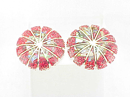 Vintage Red Confetti Lucite And Abalone Clip Earrings
