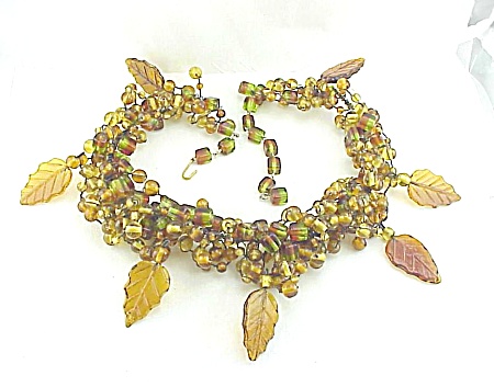 Unique Designer Runway Hand Wired Glass Bead And Leaf Necklace