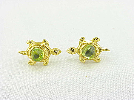 Gold Tone And Peridot Cabochon Turtle Pierced Earrings