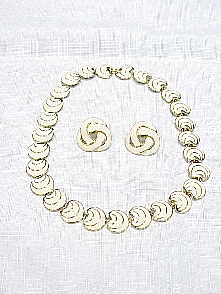 Napier Cream Or Ivory Enamel Swirl Necklace And Pierced Earrings