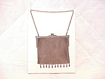 Antique Vintage German Silver Mesh Purse Handbag With Dangles And Etching
