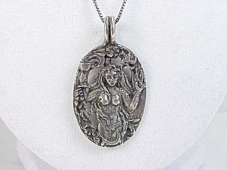 Art Nouveau Nude Woman Mermaid Sterling Silver Pendant Necklace