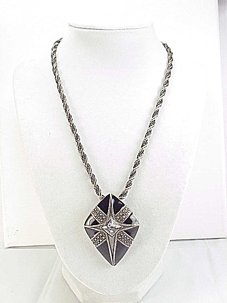 Chico's Silver Tone Necklace With Black Enamel And Rhinestone Pendant