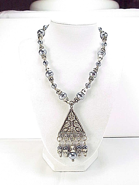 Chico's Tribal Grey Pearl Silver Bead Dangling Pendant Necklace