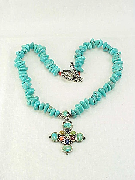 Barse Sterling Silver Cross Pendant On Turquoise Nugget Necklace