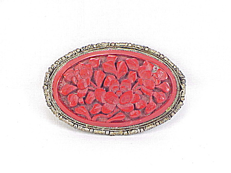 Vintage Chinese Hand Carved Lotus Flower Cinnabar Brooch Pin