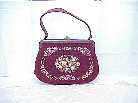 Vintage Dark Red Maroon Needlepoint Petit Point Flowers Purse Handbag