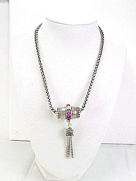 Chico's Silver Tone Necklace With Cylinder Pendant And Tassel
