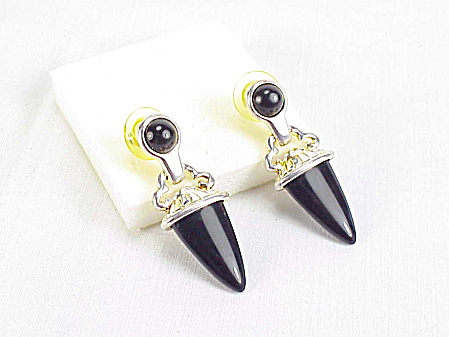 Black Lucite And Silver Tone Pierced Earrings Signed Vittorio