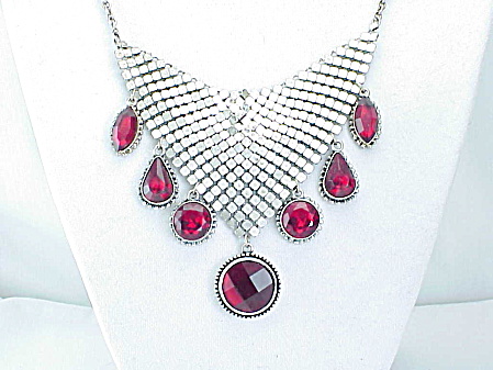 Silver Tone Mesh Bib Necklace With Dangling Red Rhinestones