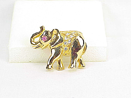 Small Gold Tone Rhinestone Lucky Trunk Up Elephant Brooch