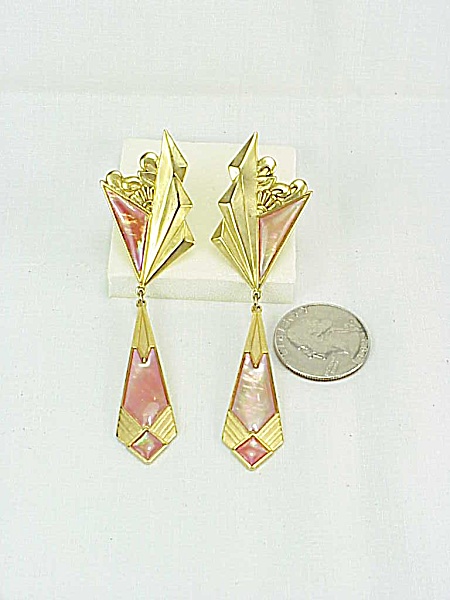 Art Deco Long Dangling Pink Abalone Pierced Earrings Signed Duri