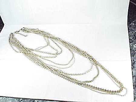Chico's Very Long 12 Strand Silver Tone And Faux Pearl Bead Necklace