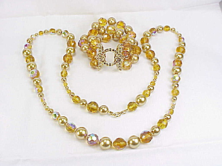 Long Amber Crystal And Faux Gold Pearl Necklace And Bracelet Set