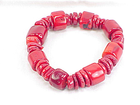 Chunky Red Coral Stretch Bracelet Signed Trd Or Dtr China